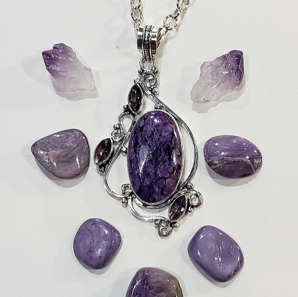 Charoite and Amythyst .925 Sterling Silver pendant